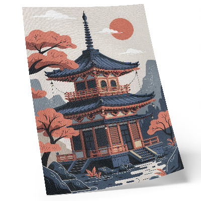 Wandposter Japanischer Tempel in Pastellfarben, Bäume, Berge, Frieden