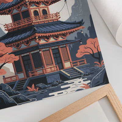 Wandposter Japanischer Tempel in Pastellfarben, Bäume, Berge, Frieden