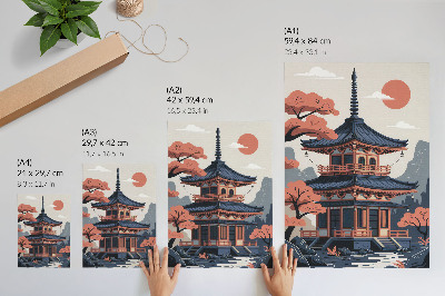 Wandposter Japanischer Tempel in Pastellfarben, Bäume, Berge, Frieden