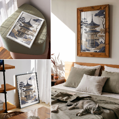 Wandposter Pagode, Baum, Berg, Frieden, Harmonie