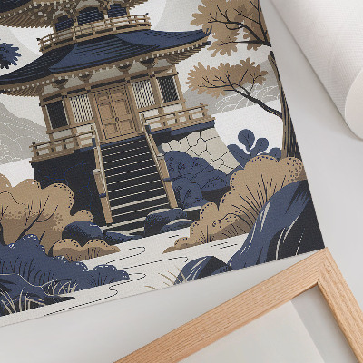 Wandposter Pagode, Baum, Berg, Frieden, Harmonie