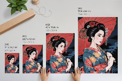 Poster Japanischer Regenschirm für Frauen, farbenfrohe Nacht