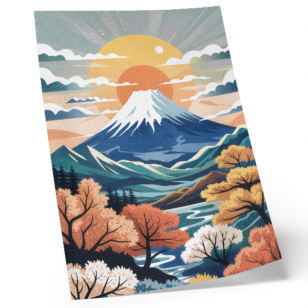 Kunstdruck leinwand Schneebedeckte Berge, farbenprächtiger Wald, Sonnenuntergang