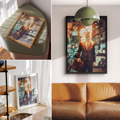 Kunstdruck leinwand Eleganter Mann mit brennendem Kopf in der Stadt