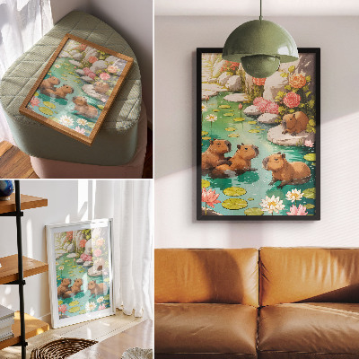 Poster Wasserschweine im Teich, Blumen, Harmonie der Natur