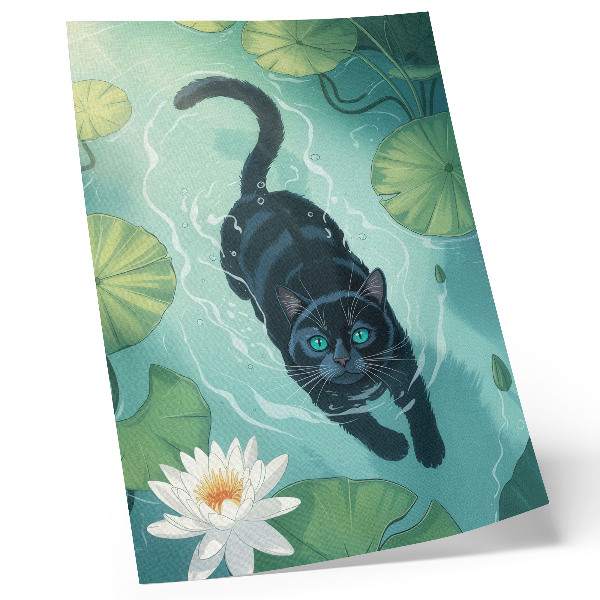 Kunstdruck leinwand Katze im Wasser, zarte Seerosenblätter