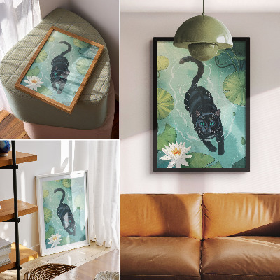 Kunstdruck leinwand Katze im Wasser, zarte Seerosenblätter