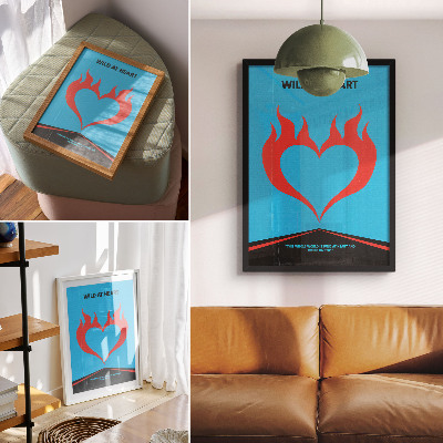 Wandposter Rote Flammen, Herz, blauer Hintergrund, modernes Thema