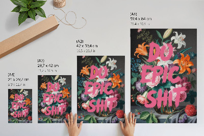Poster Rosa Schriftzug auf einem Hintergrund aus bunten Blumen