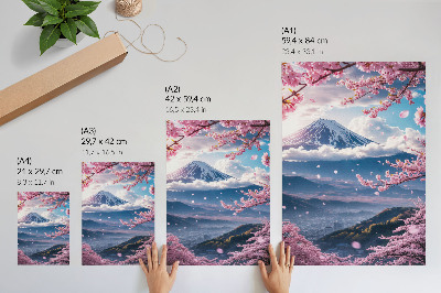 Poster Berge und blühende Kirschbäume vor einem rosa Himmel