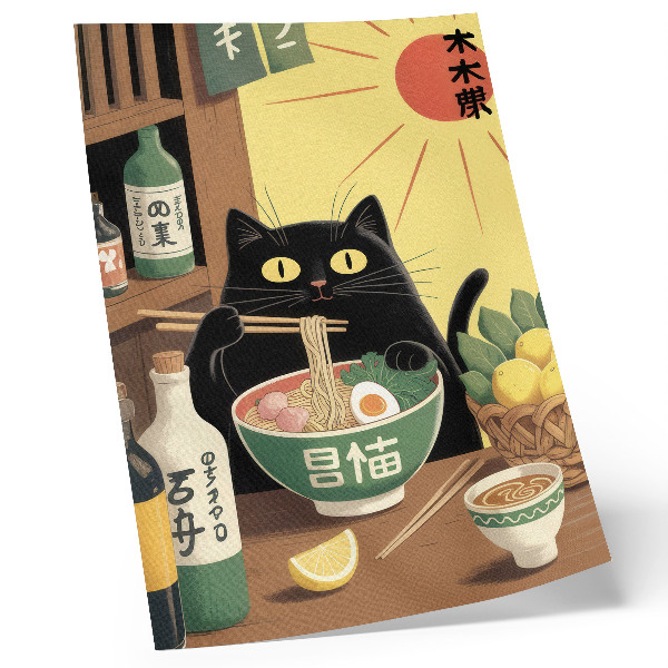 Poster Katze mit Ramen und Zitronen, japanisches Thema, zeitlose Atmosphäre