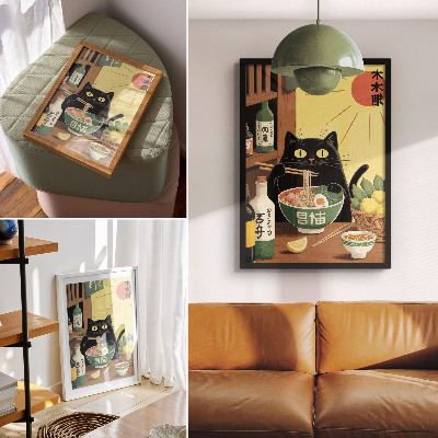 Poster Katze mit Ramen und Zitronen, japanisches Thema, zeitlose Atmosphäre
