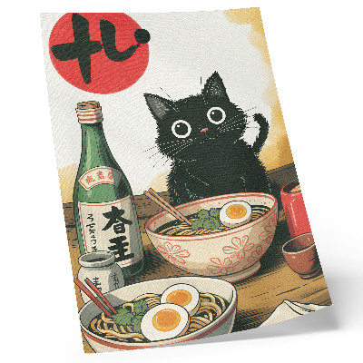 Kunstdruck leinwand Schwarze Katze, Ramen-Sake-Flasche, japanisches Motiv