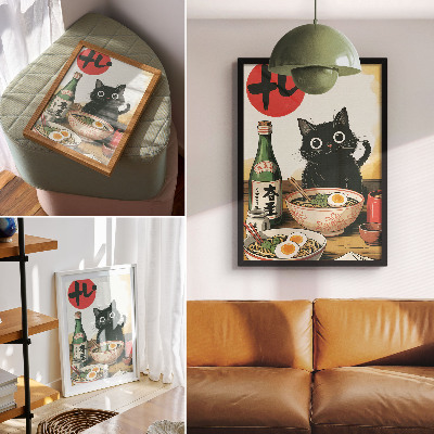 Kunstdruck leinwand Schwarze Katze, Ramen-Sake-Flasche, japanisches Motiv