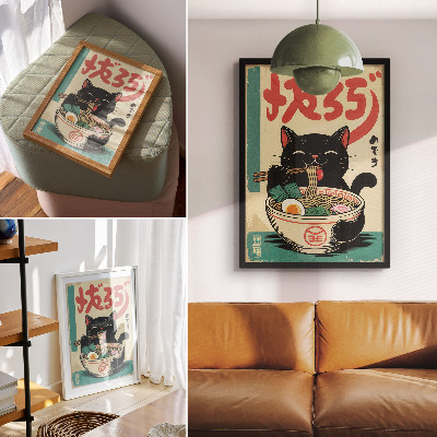 Wandposter Schwarze Katzen-Ramen-Schüssel – Japanische Retro-Inspirationen
