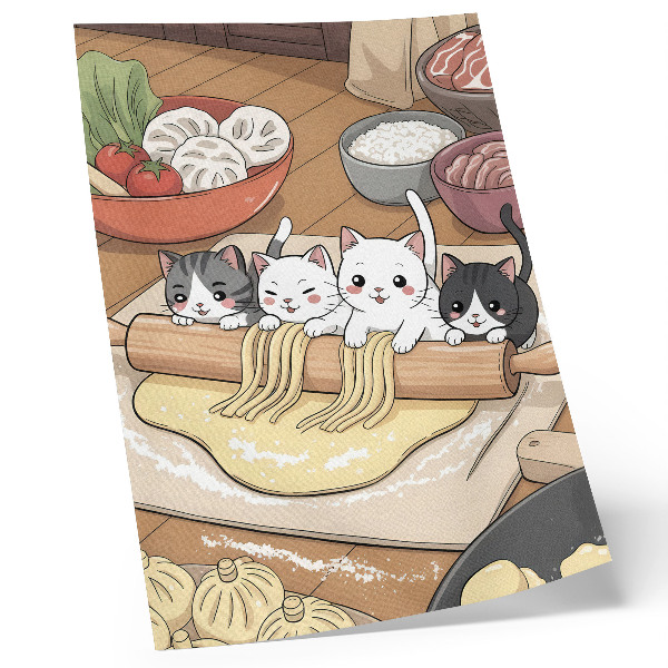 Poster Kätzchen in der Küche – Illustration in warmen Farbtönen