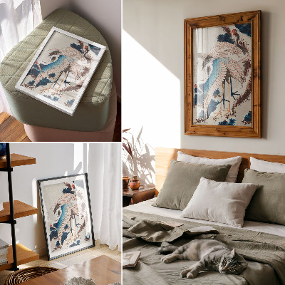 Kunstdruck leinwand Kraniche in einem schneebedeckten Baum von Katsushiki Hokusai (1834), historischer Holzschnitt
