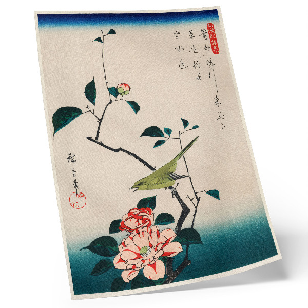 Poster Ukiyo-e-Illustration von Kamelie und Nachtigall von Utagawa Hiroshige (1797-1858)