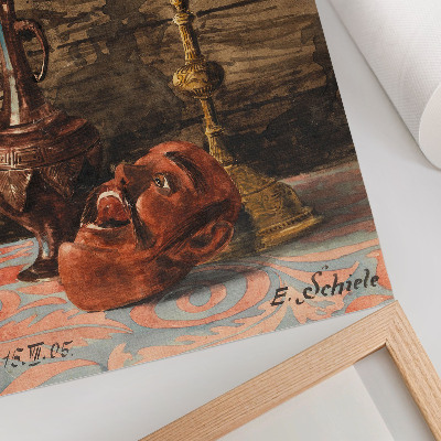 Wandposter Stillleben mit Kerzenständer, Vase und Maske von Egon Schiele