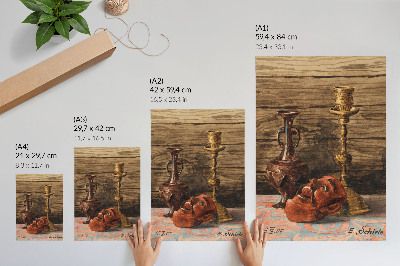 Wandposter Stillleben mit Kerzenständer, Vase und Maske von Egon Schiele