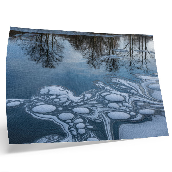 Poster Eis auf dem See, Spiegelungen der Bäume, Blautöne