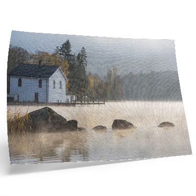 Poster kunstdruck Neblige Landschaft, See, Ferienhaus, Bäume, Herbst