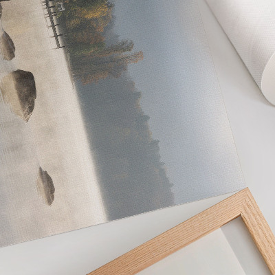 Poster kunstdruck Neblige Landschaft, See, Ferienhaus, Bäume, Herbst