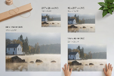 Poster kunstdruck Neblige Landschaft, See, Ferienhaus, Bäume, Herbst