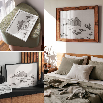 Poster Ein minimalistisches Winterhaus vor der Kulisse von Schnee