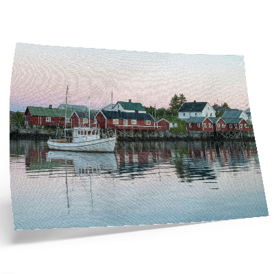 Poster kunstdruck Die kubistischen roten Häuser am See strahlen.