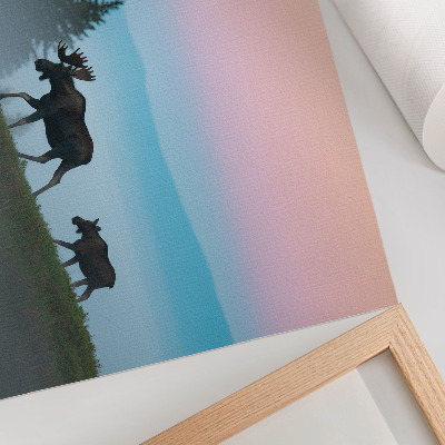 Poster kunstdruck Elche am Morgen vor dem Hintergrund von Nebel und Bäumen