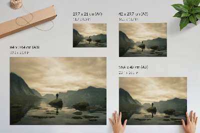 Poster kunstdruck Berge, See, Mensch, friedliche Harmonie der Natur