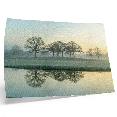 Kunstdruck poster Ruhige Wasseroberfläche, Spiegelung der Bäume, leichter Nebel