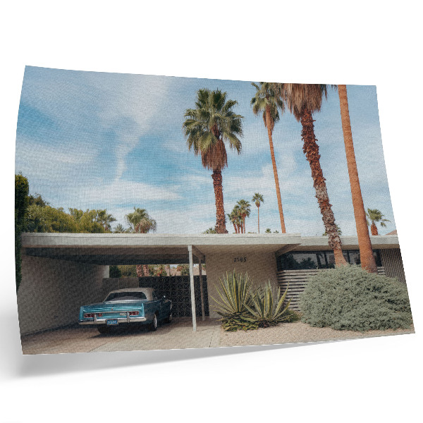 Poster kunstdruck Exotische Palmen, modernes Haus, Oldtimer