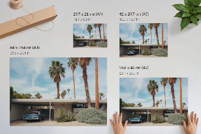Poster kunstdruck Exotische Palmen, modernes Haus, Oldtimer