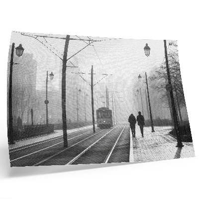 Poster Straßenbahnnebel, Straßenlaternen, städtische Atmosphäre
