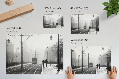 Poster Straßenbahnnebel, Straßenlaternen, städtische Atmosphäre