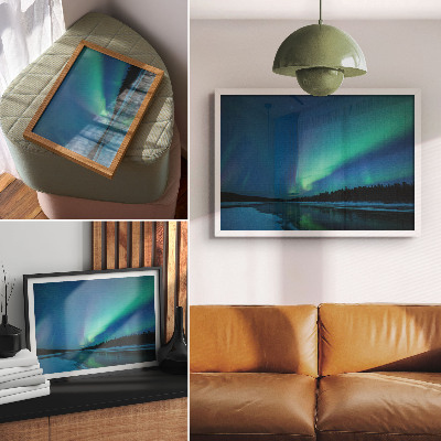 Kunstdruck poster Nordlichter über einem zugefrorenen See in der Nacht