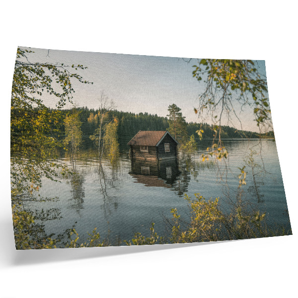 Poster kunstdruck Seehaus mit Spiegelung des Waldwassers – Ruhe