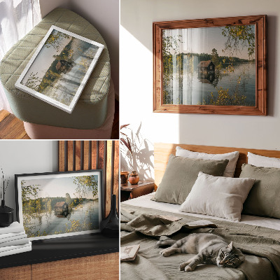 Poster kunstdruck Seehaus mit Spiegelung des Waldwassers – Ruhe