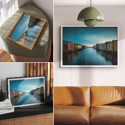 Kunstdruck poster Bunte Häuser spiegeln sich im Fluss, skandinavische Atmosphäre