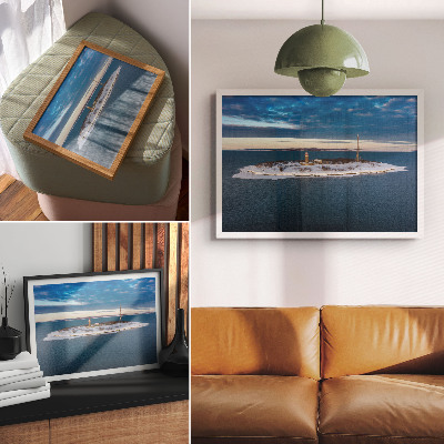 Kunstdruck poster Winterinsel mit Leuchtturm und blauem Meer
