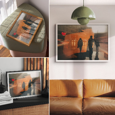 Kunstdruck poster Die Stadt am Abend, neonorange Reflexionen