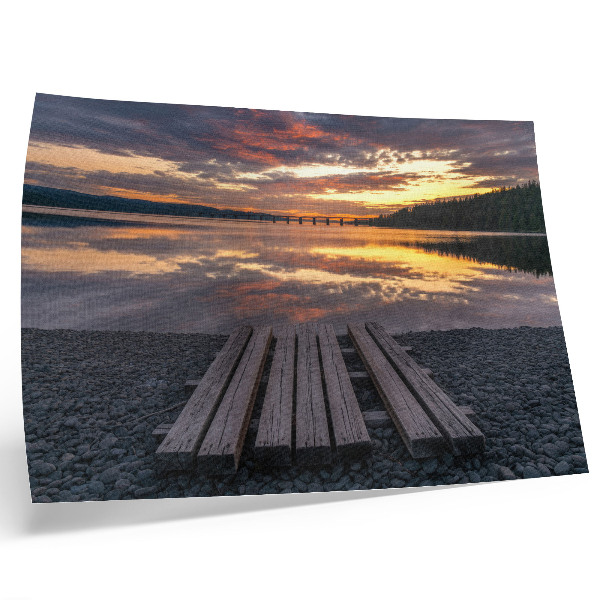Poster See im Sonnenuntergang, warme Holzfarben