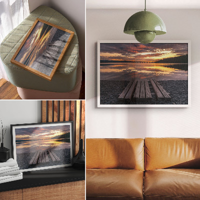 Poster See im Sonnenuntergang, warme Holzfarben