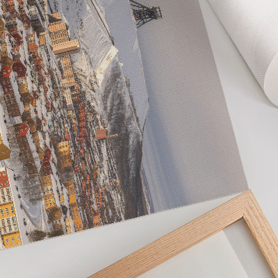 Poster Winterstadt mit farbenfrohen Gebäuden, die einen Kontrast zum Schnee bilden