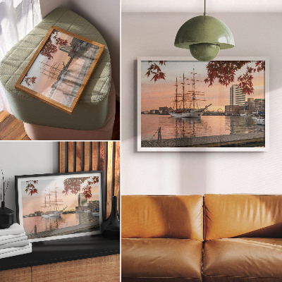 Poster Ein Segelschiff im Sonnenuntergang, ein friedliches Panorama der Stadt