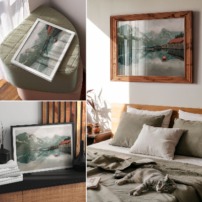 Kunstdruck poster Spiegelung im Bergsee, friedliche Holzboote