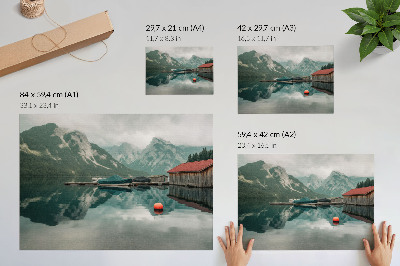 Kunstdruck poster Spiegelung im Bergsee, friedliche Holzboote
