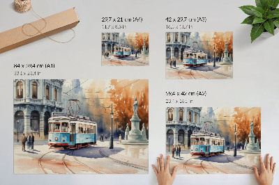 Poster Vintage-Stadtstraßenbahn-Aquarell-Eleganz